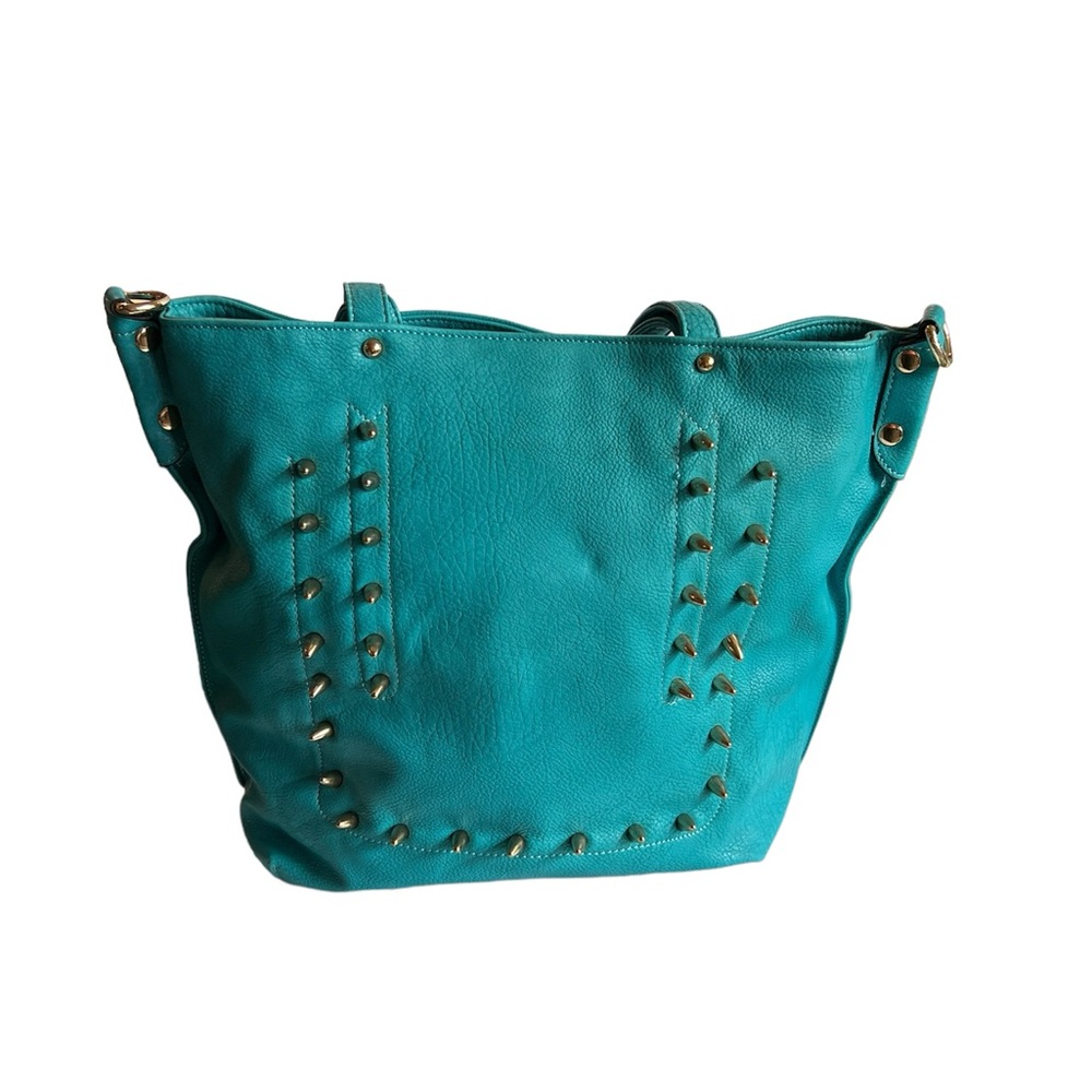 Teal Leather Tote with Studs